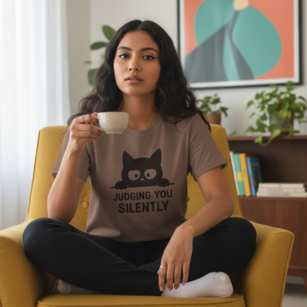 Playful Cat Graphic "Judging You Silently" T-Shirt