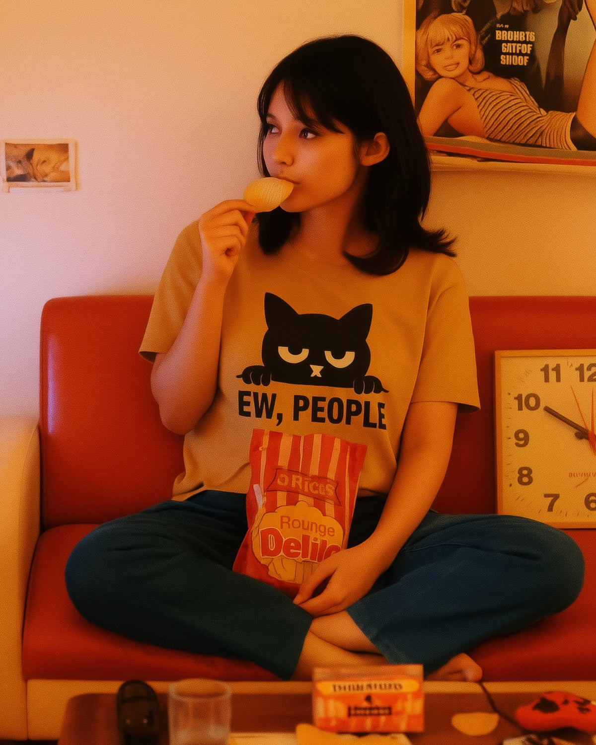 Person in a cat tee with an "ew, people" attitude